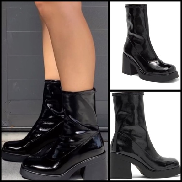 Call It Spring Shoes - NEWCall It Spring Shauna Crinkle Black Patent Faux Leather Lugged Platform Boots